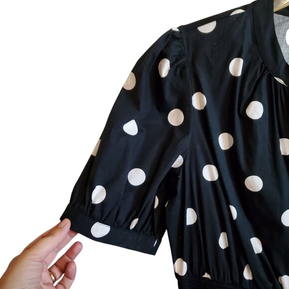 Black and White Polka Dot Flowy Button Up Short Sleeve Dress with Pockets Large - Picture 7 of 16